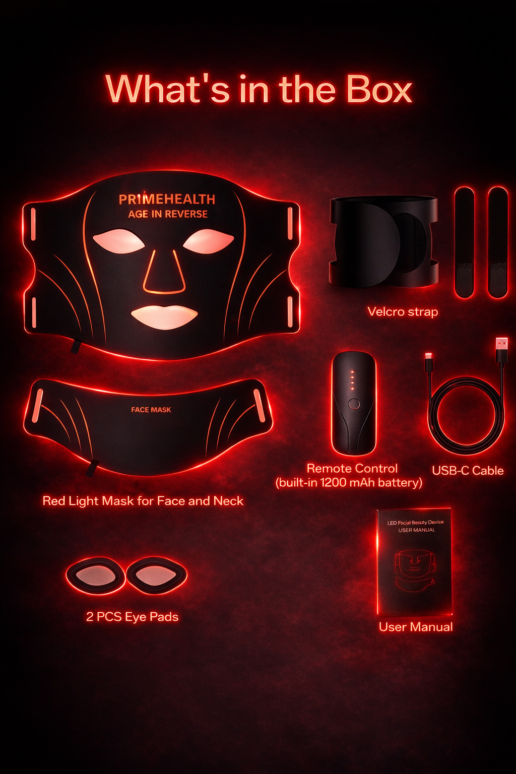 PrimeHealth LED light therapy mask package contents including mask controller and cable