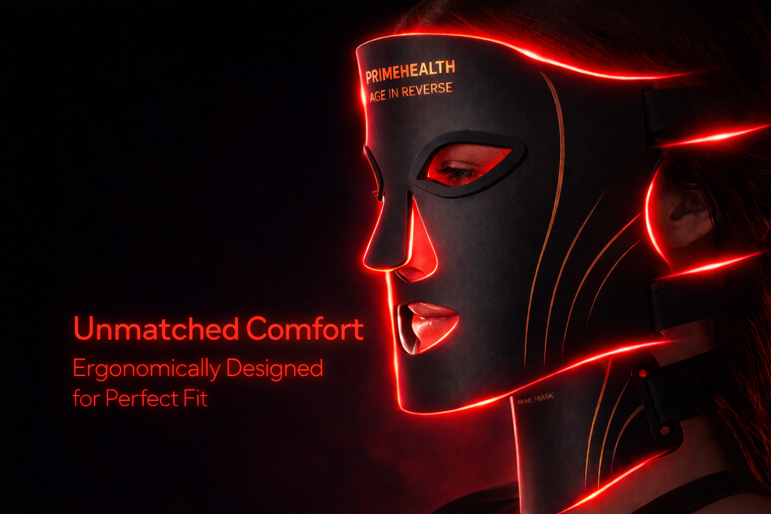 PrimeHealth LED light therapy mask designed for comfort lightweight and hands-free use