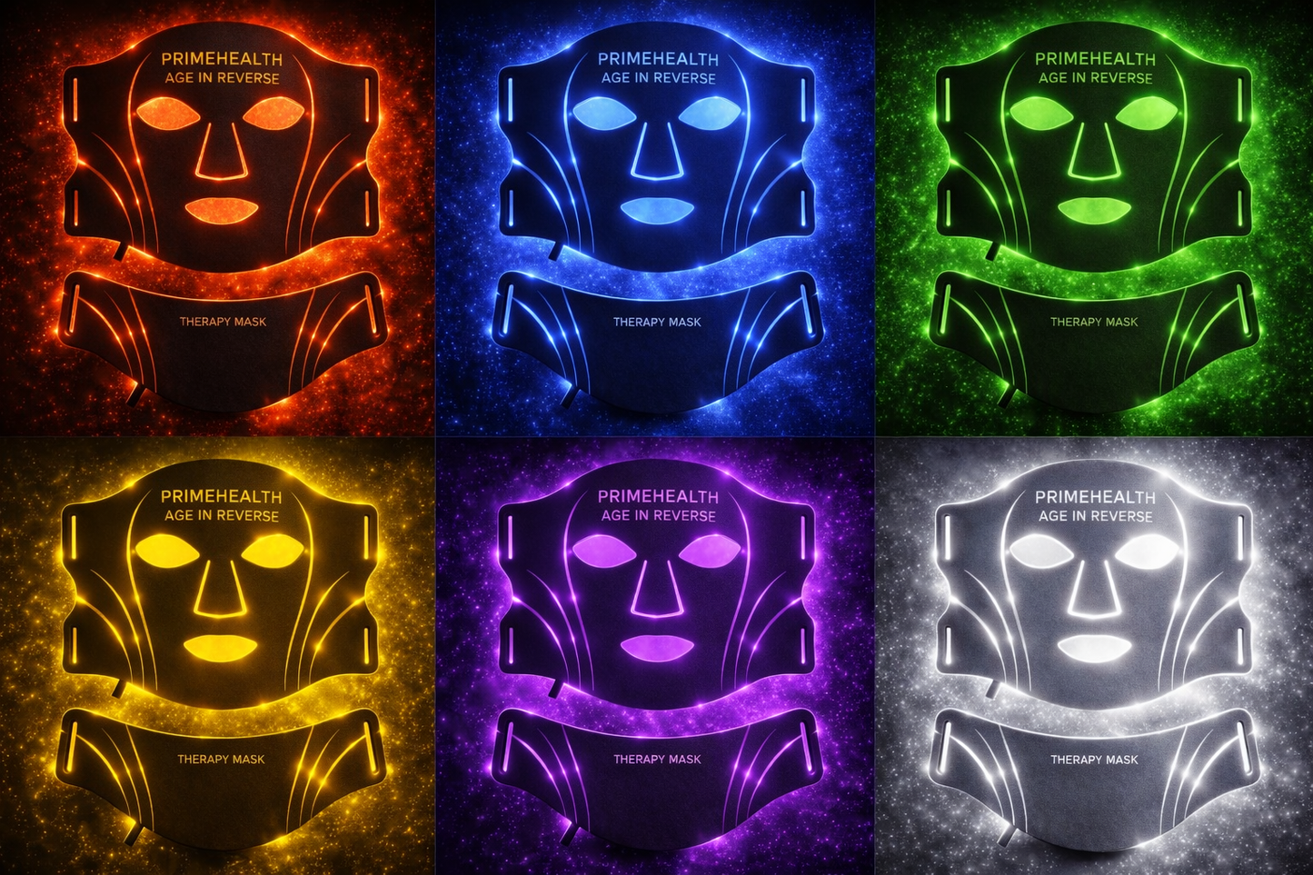 PrimeHealth red blue green yellow purple cyan white LED light therapy mask for wrinkles fine lines and collagen stimulation